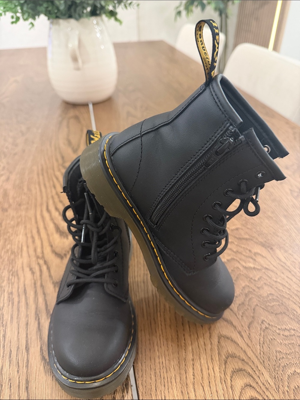 Black Combat Boots with Yellow Stitching